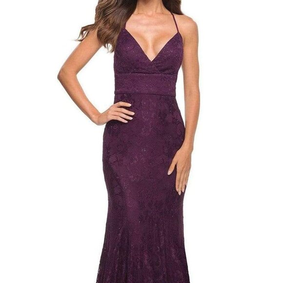 NWT La Femme 30442SC Stretch Lace Prom Dress Dark Berry Size 4 - Picture 1 of 9